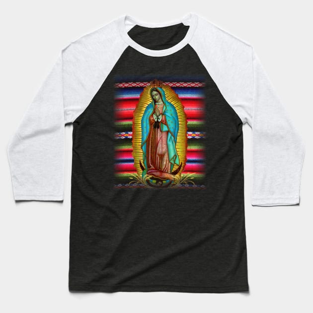 Our Lady of Guadalupe Virgin Mary Zarape Red Baseball T-Shirt by hispanicworld